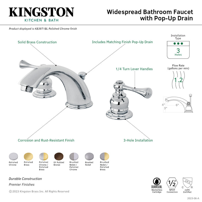 Vintage KB3972BL Two-Handle 3-Hole Deck Mount Widespread Bathroom Faucet with Plastic Pop-Up, Polished Brass