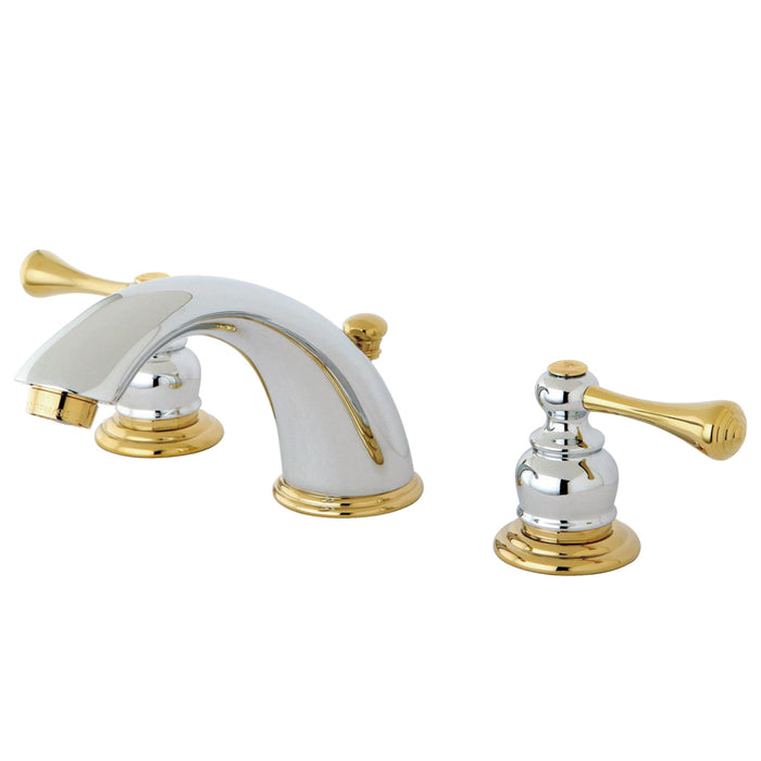 Kingston Tulare KB3974BL - Vintage Two-Handle 3-Hole Deck Mount Widespread Bathroom Faucet with Pop-Up Drain, Polished Chrome/Polished Brass