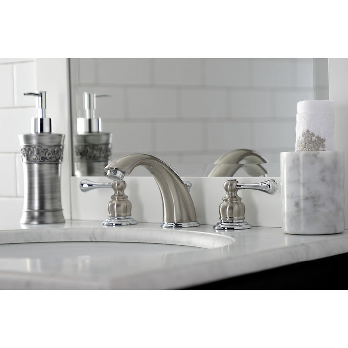 Vintage KB3977BL Two-Handle 3-Hole Deck Mount Widespread Bathroom Faucet with Plastic Pop-Up, Brushed Nickel/Polished Chrome
