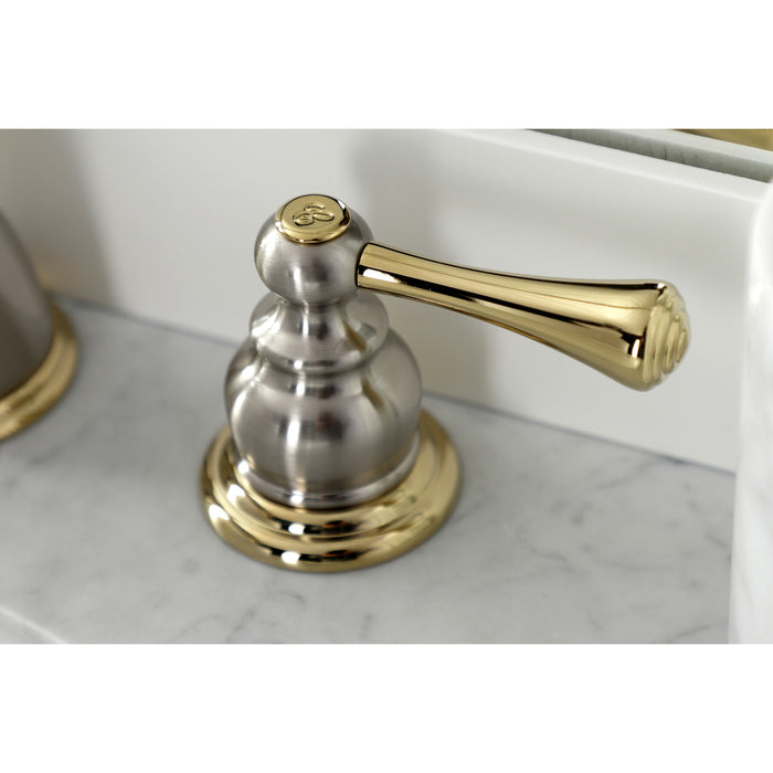 Kingston Tulare KB3979BL - Vintage Two-Handle 3-Hole Deck Mount Widespread Bathroom Faucet with Pop-Up Drain, Brushed Nickel/Polished Brass