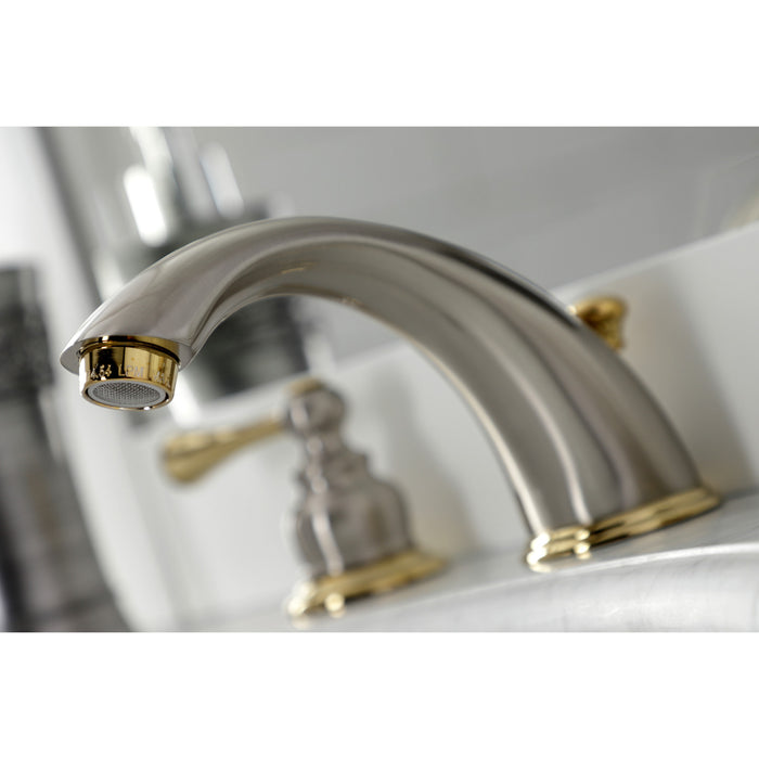 Kingston Tulare KB3979BL - Vintage Two-Handle 3-Hole Deck Mount Widespread Bathroom Faucet with Pop-Up Drain, Brushed Nickel/Polished Brass