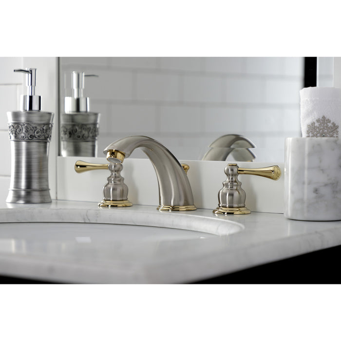 Kingston Tulare KB3979BL - Vintage Two-Handle 3-Hole Deck Mount Widespread Bathroom Faucet with Pop-Up Drain, Brushed Nickel/Polished Brass