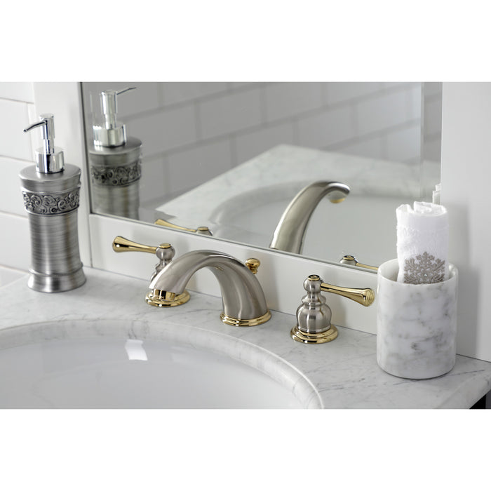 Kingston Tulare KB3979BL - Vintage Two-Handle 3-Hole Deck Mount Widespread Bathroom Faucet with Pop-Up Drain, Brushed Nickel/Polished Brass