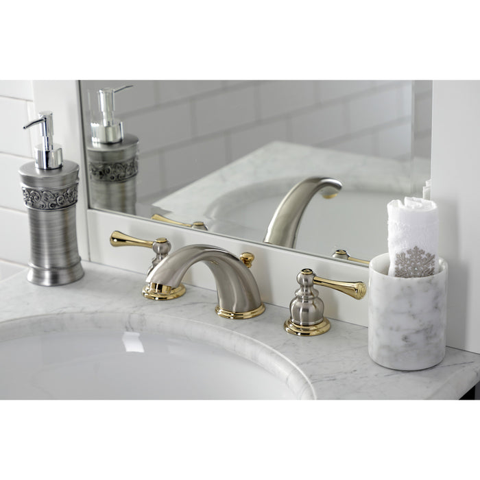 Vintage KB3979BL Two-Handle 3-Hole Deck Mount Widespread Bathroom Faucet with Plastic Pop-Up, Brushed Nickel/Polished Brass