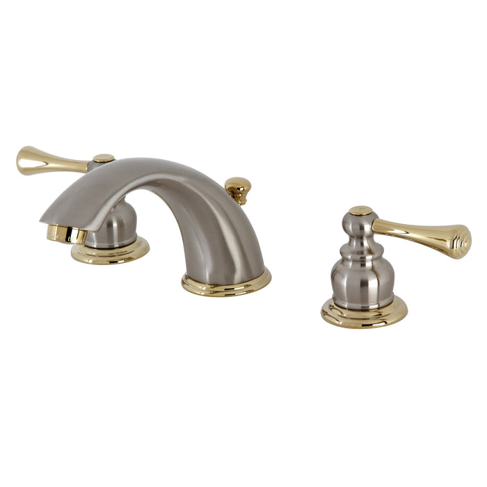Kingston Tulare KB3979BL - Vintage Two-Handle 3-Hole Deck Mount Widespread Bathroom Faucet with Pop-Up Drain, Brushed Nickel/Polished Brass