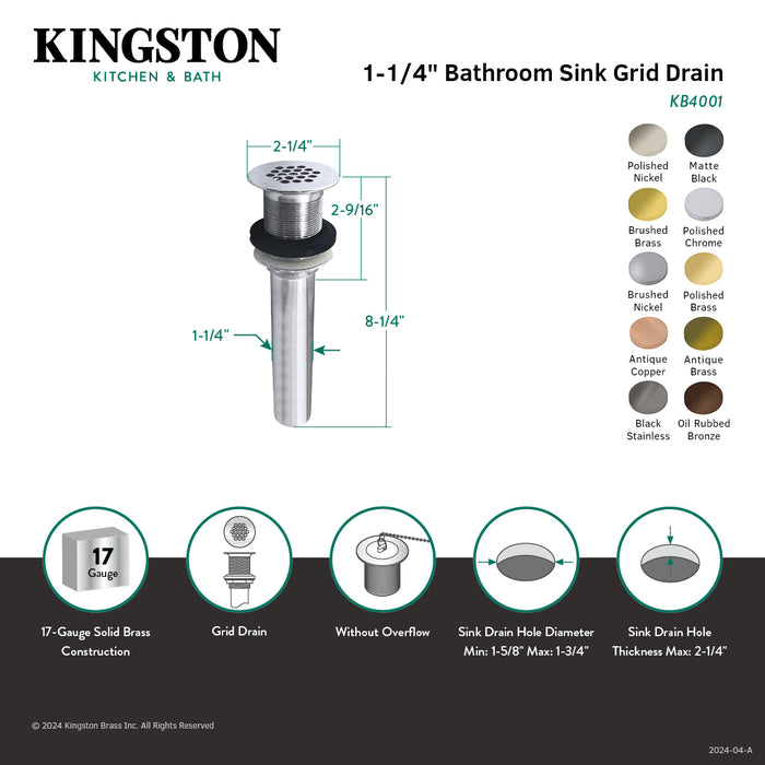 Trimscape KB4000MB Brass Grid Bathroom Sink Drain without Overflow, 17 Gauge, Matte Black