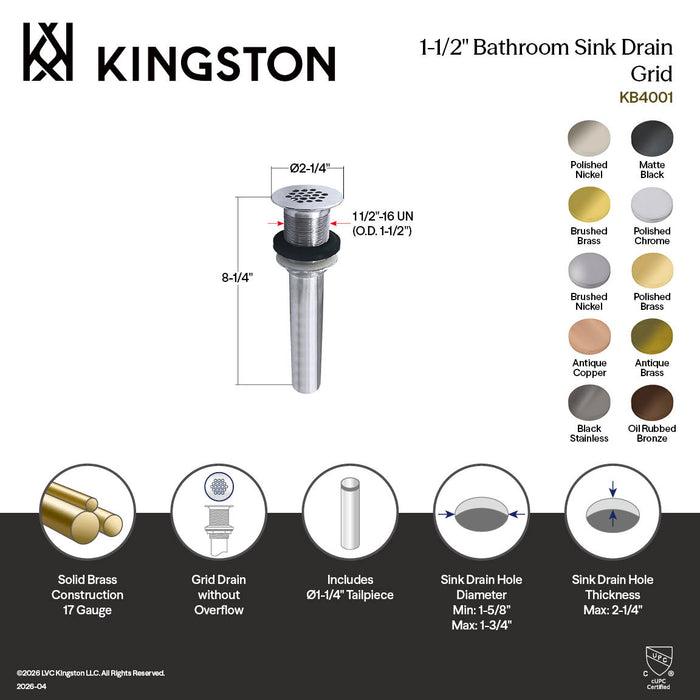Kingston Trimscape KB4002 Brass Grid Bathroom Sink Drain without Overflow, 17 Gauge, Polished Brass