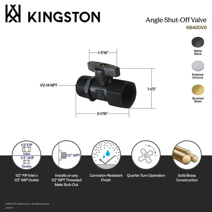 Shower Scape KB400V1 1/2 Inch FIP x 1/2 Inch MIP Quarter-Turn Quarter-Turn Straight Shut-Off Valve, Polished Chrome
