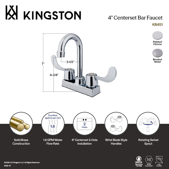Kingston Tulare KB451 - Vista Two-Handle 2-Hole Deck Mount Bar Faucet, Polished Chrome