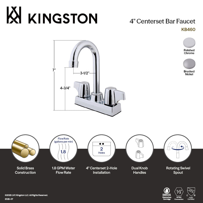 Kingston Tulare KB460SN - Vista Two-Handle 2-Hole Deck Mount Bar Faucet, Brushed Nickel