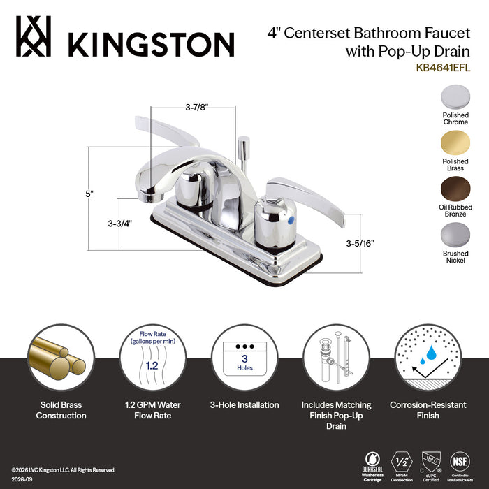 Kingston Tulare KB4642EFL - Centurion Double-Handle 3-Hole Deck Mount 4-Inch Centerset Bathroom Faucet with Pop-Up Drain, Polished Brass