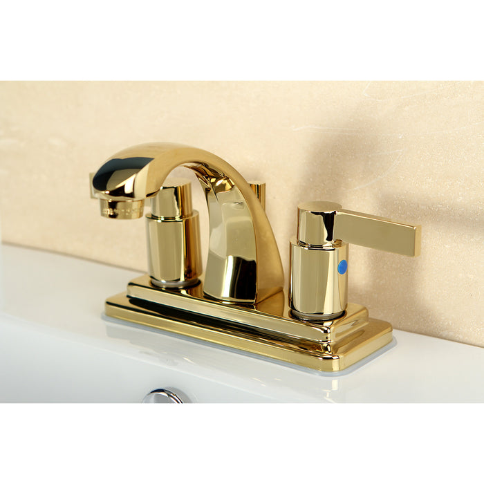Kingston Tulare KB4642NDL - NuvoFusion Double-Handle 3-Hole Deck Mount 4-Inch Centerset Bathroom Faucet with Pop-Up Drain, Polished Brass