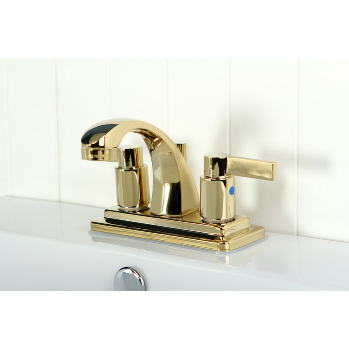Kingston Tulare KB4642NDL - NuvoFusion Double-Handle 3-Hole Deck Mount 4-Inch Centerset Bathroom Faucet with Pop-Up Drain, Polished Brass