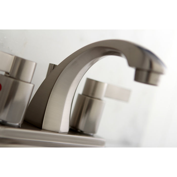 Kingston Tulare KB4648NDL - NuvoFusion Double-Handle 3-Hole Deck Mount 4-Inch Centerset Bathroom Faucet with Pop-Up Drain, Brushed Nickel