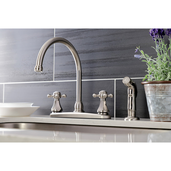 Kingston Heirloom KB4728BXSP - Metropolitan Two-Handle 4-Hole 8" Centerset Kitchen Faucet with Side Sprayer, Brushed Nickel