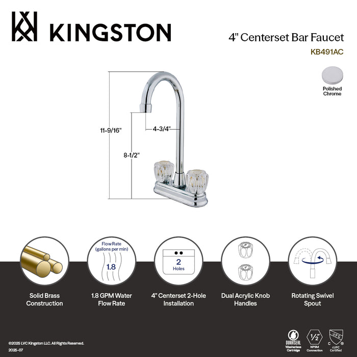 Kingston Magellan KB491AC Two-Handle 2-Hole Deck Mount Bar Faucet, Polished Chrome