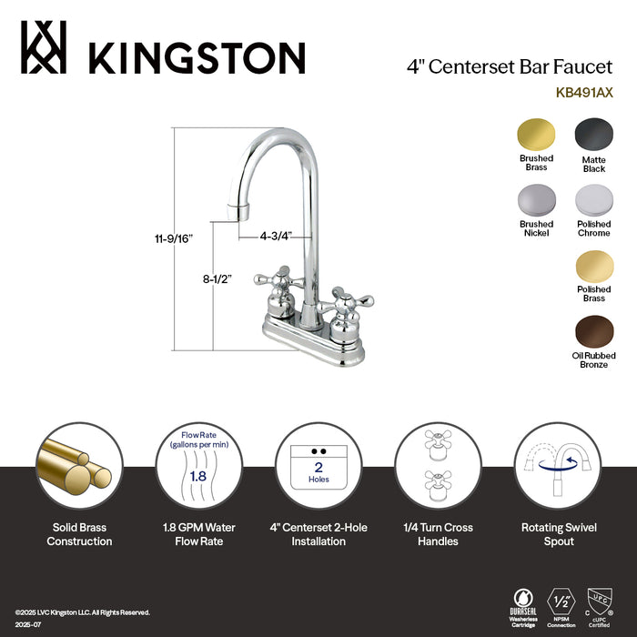 Kingston Tulare KB492AX - Victorian Two-Handle 2-Hole Deck Mount Bar Faucet, Polished Brass