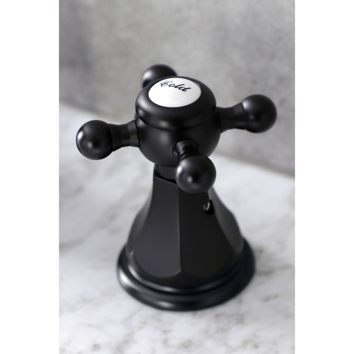 Kingston Tulare KB4980BX - Metropolitan Two-Handle 3-Hole Deck Mount Widespread Bathroom Faucet with Pop-Up Drain, Matte Black