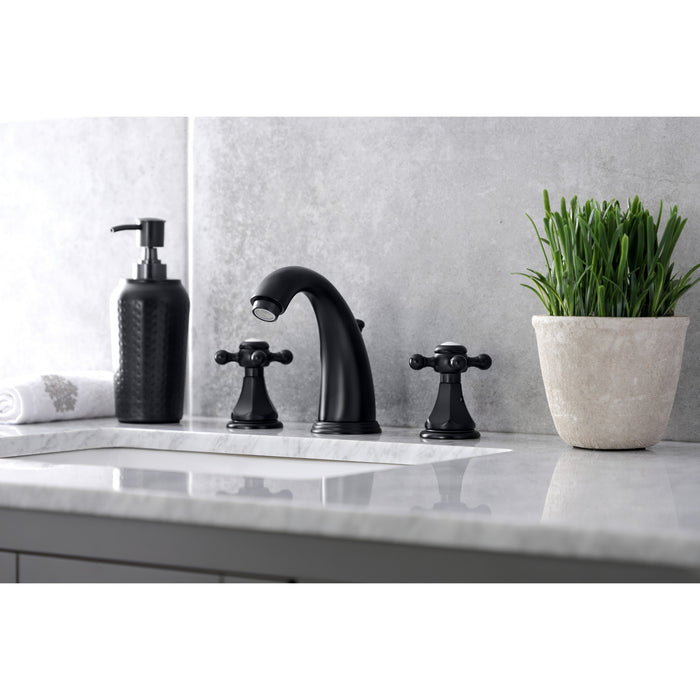 Kingston Tulare KB4980BX - Metropolitan Two-Handle 3-Hole Deck Mount Widespread Bathroom Faucet with Pop-Up Drain, Matte Black