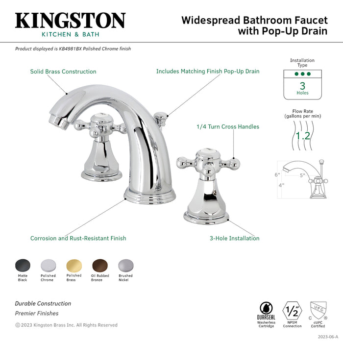 Kingston Tulare KB4981BX - Metropolitan Two-Handle 3-Hole Deck Mount Widespread Bathroom Faucet with Pop-Up Drain, Polished Chrome