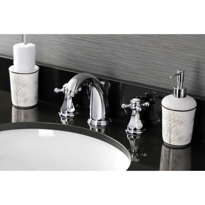 Kingston Tulare KB4981BX - Metropolitan Two-Handle 3-Hole Deck Mount Widespread Bathroom Faucet with Pop-Up Drain, Polished Chrome