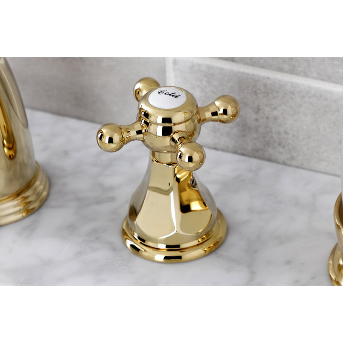 Kingston Tulare KB4982BX - Metropolitan Two-Handle 3-Hole Deck Mount Widespread Bathroom Faucet with Pop-Up Drain, Polished Brass