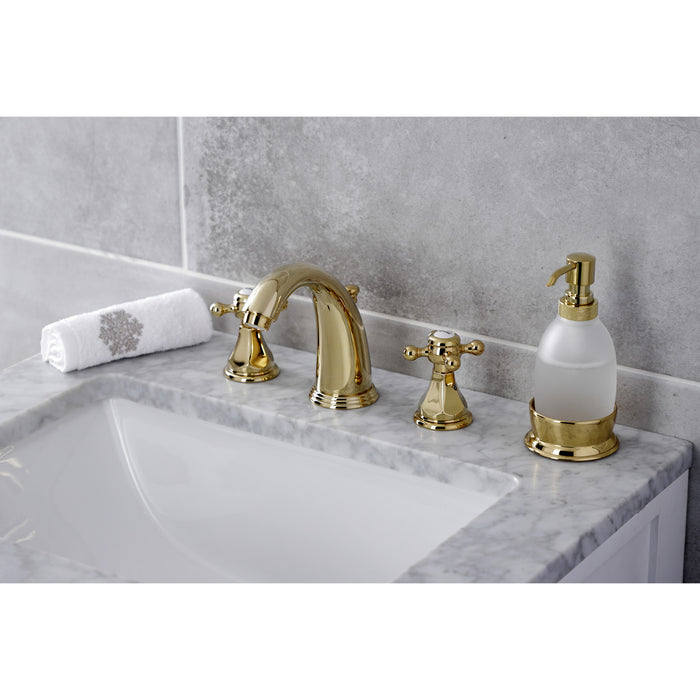 Kingston Tulare KB4982BX - Metropolitan Two-Handle 3-Hole Deck Mount Widespread Bathroom Faucet with Pop-Up Drain, Polished Brass