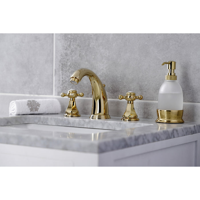 Kingston Tulare KB4982BX - Metropolitan Two-Handle 3-Hole Deck Mount Widespread Bathroom Faucet with Pop-Up Drain, Polished Brass