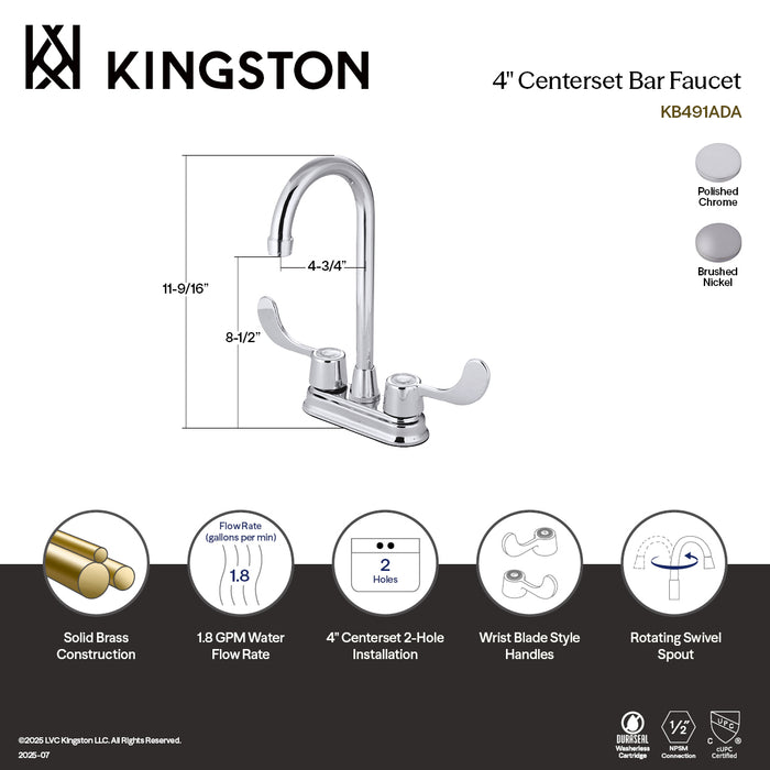Kingston Tulare KB498ADA - Vista Two-Handle 2-Hole Deck Mount Bar Faucet, Brushed Nickel