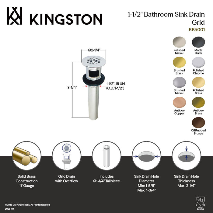 Kingston Trimscape KB5000MB Brass Grid Bathroom Sink Drain with Overflow, 17 Gauge, Matte Black