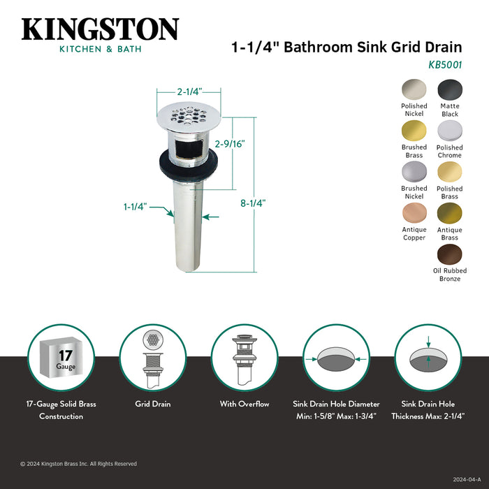 Trimscape KB5006 Brass Grid Bathroom Sink Drain with Overflow, 17 Gauge, Polished Nickel