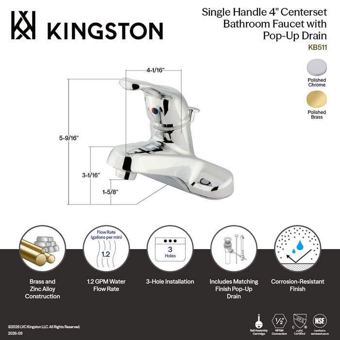 Kingston Tulare KB512 - Wyndham Single-Handle 3-Hole Deck Mount 4-Inch Centerset Bathroom Faucet with ABS Pop-Up Drain, Polished Brass