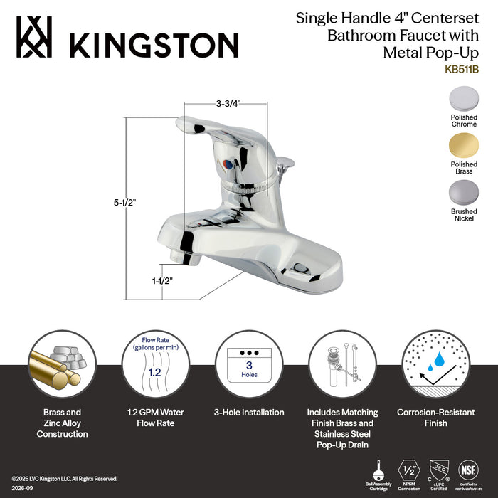 Kingston Tulare KB518B - Wyndham Single-Handle 3-Hole Deck Mount 4-Inch Centerset Bathroom Faucet with Brass Pop-Up, Brushed Nickel