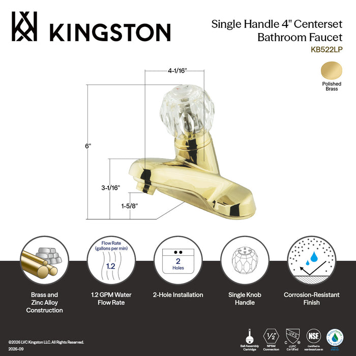 Kingston Tulare KB522LP - Americana Single-Handle 3-Hole Deck Mount 4-Inch Centerset Bathroom Faucet, Polished Brass