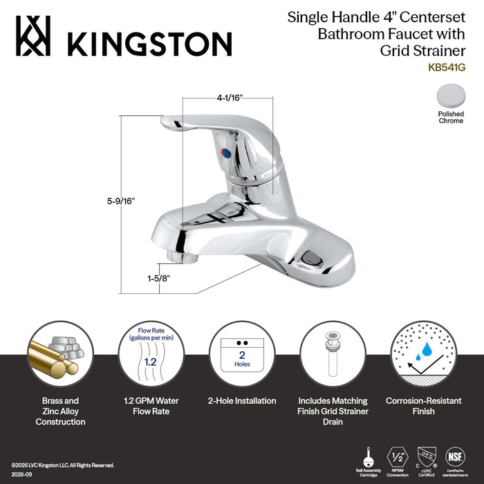 Kingston Chatham KB541G Single-Handle 3-Hole Deck Mount 4-Inch Centerset Bathroom Faucet with Grid Strainer, Polished Chrome