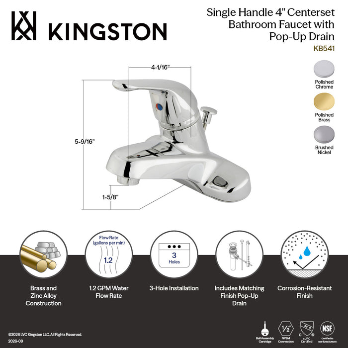 Kingston Tulare KB542 - Chatham Single-Handle 3-Hole Deck Mount 4-Inch Centerset Bathroom Faucet with ABS Pop-Up Drain, Polished Brass