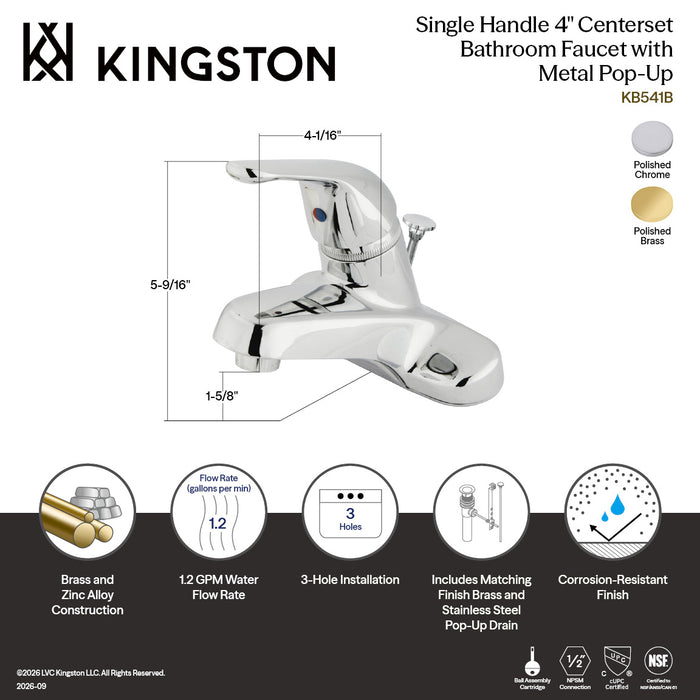 Kingston Tulare KB542B - Chatham Single-Handle 3-Hole Deck Mount 4-Inch Centerset Bathroom Faucet with Brass Pop-Up, Polished Brass