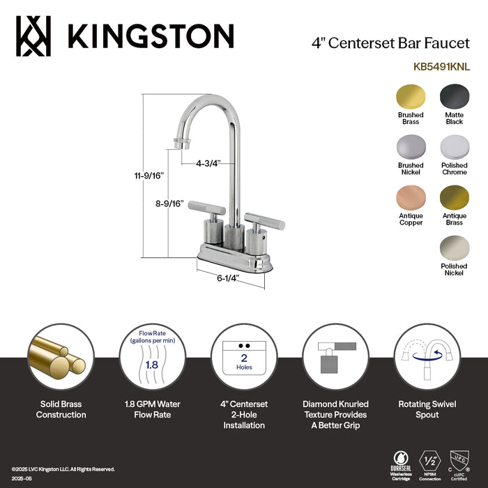 Kingston Tulare KB5493KNL - Convergent Two-Handle 2-Hole Deck Mount Bar Faucet with Knurled Handle, Antique Brass