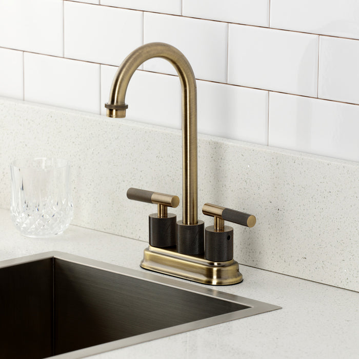 Kingston Tulare KB5493KNL - Convergent Two-Handle 2-Hole Deck Mount Bar Faucet with Knurled Handle, Antique Brass