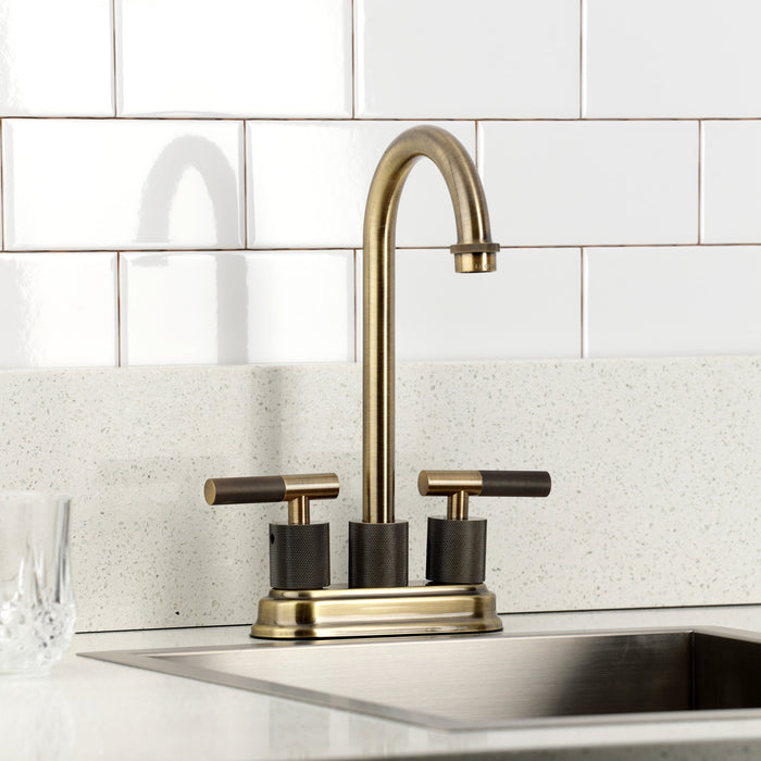 Kingston Tulare KB5493KNL - Convergent Two-Handle 2-Hole Deck Mount Bar Faucet with Knurled Handle, Antique Brass