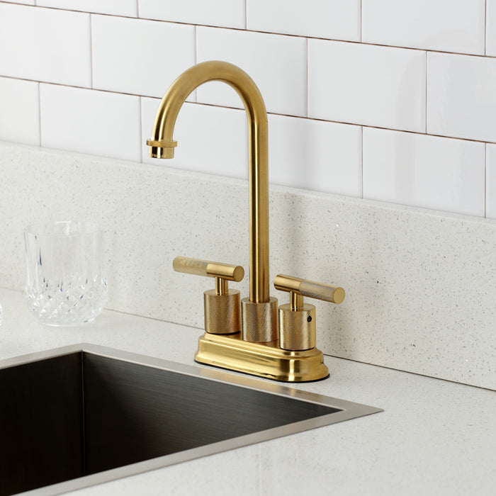 Kingston Tulare KB5497KNL - Convergent Two-Handle 2-Hole Deck Mount Bar Faucet with Knurled Handle, Brushed Brass