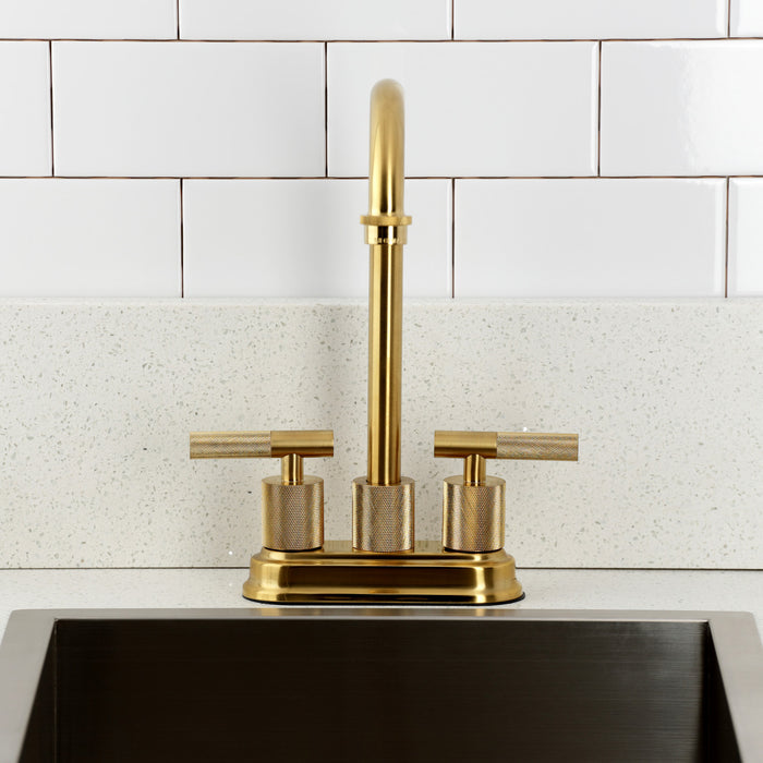 Kingston Tulare KB5497KNL - Convergent Two-Handle 2-Hole Deck Mount Bar Faucet with Knurled Handle, Brushed Brass