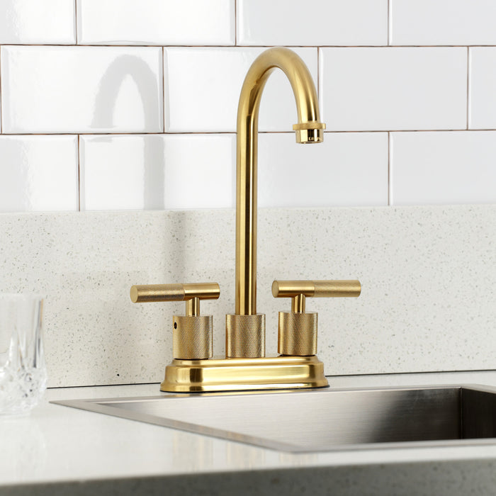 Kingston Tulare KB5497KNL - Convergent Two-Handle 2-Hole Deck Mount Bar Faucet with Knurled Handle, Brushed Brass