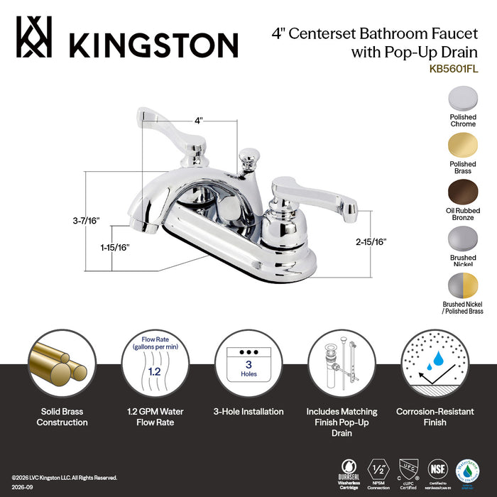 Kingston Tulare KB5601FL - Royale Double-Handle 3-Hole Deck Mount 4-Inch Centerset Bathroom Faucet with Pop-Up Drain, Polished Chrome