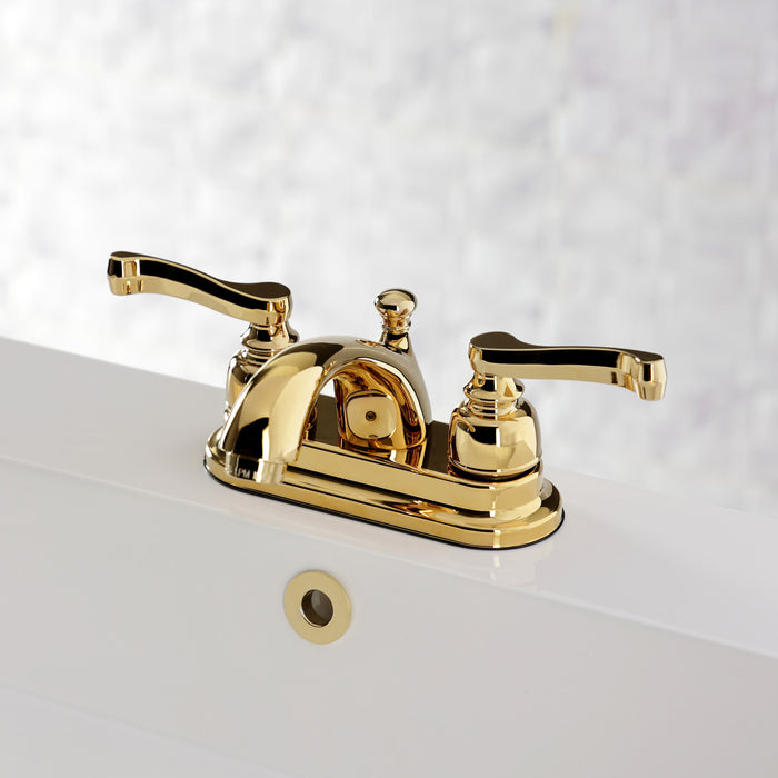 Kingston Tulare KB5602FL - Royale Double-Handle 3-Hole Deck Mount 4-Inch Centerset Bathroom Faucet with Pop-Up Drain, Polished Brass