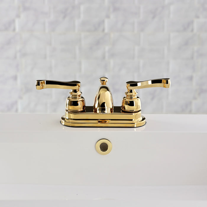 Kingston Tulare KB5602FL - Royale Double-Handle 3-Hole Deck Mount 4-Inch Centerset Bathroom Faucet with Pop-Up Drain, Polished Brass