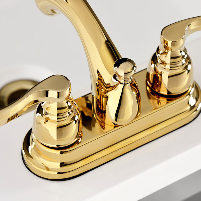 Kingston Tulare KB5602FL - Royale Double-Handle 3-Hole Deck Mount 4-Inch Centerset Bathroom Faucet with Pop-Up Drain, Polished Brass