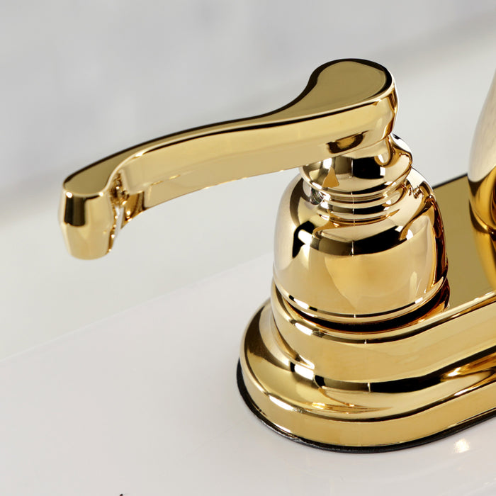 Kingston Tulare KB5602FL - Royale Double-Handle 3-Hole Deck Mount 4-Inch Centerset Bathroom Faucet with Pop-Up Drain, Polished Brass