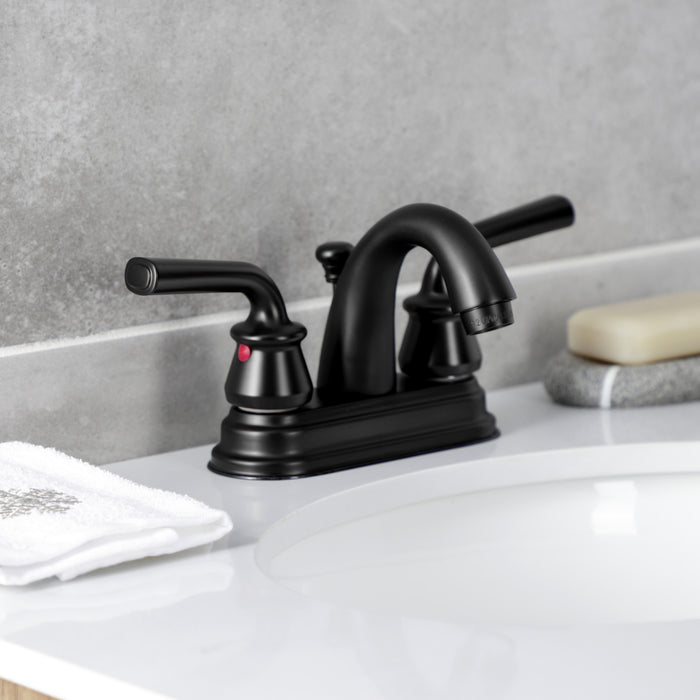 Kingston Tulare KB5610RXL - Restoration Double-Handle 3-Hole Deck Mount 4-Inch Centerset Bathroom Faucet with Pop-Up Drain, Matte Black