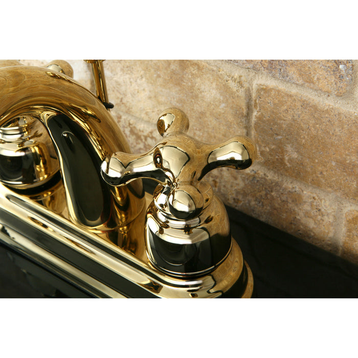 Restoration KB5612AX Two-Handle 3-Hole Deck Mount 4" Centerset Bathroom Faucet with Plastic Pop-Up, Polished Brass